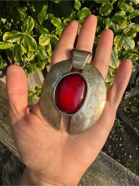 Bold Red Coral Stone Silver-Tone Chunky Pendant Brutalist Modernist Boho